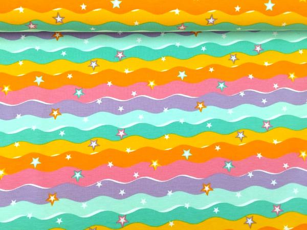 Reststück Baumwolljersey Regenbogen Wellen Sterne Pastell 80 x 150
